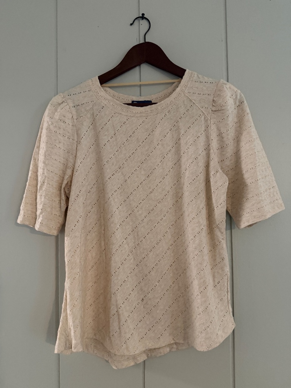 Democracy Women’s M Cream Eyelet Textured Knit Top Puff Sleeve Boho